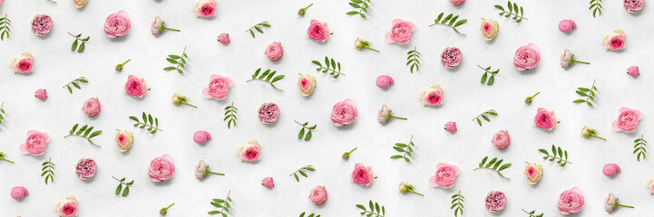 Many beautiful roses on light background. Pattern for design