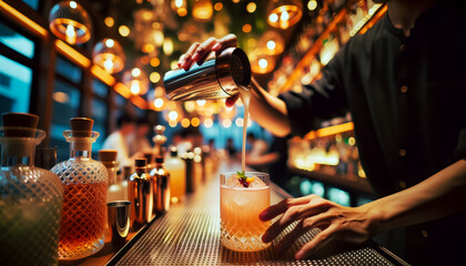 Mixologist pouring a refreshing cocktail in a cosy nightclub. Close-up