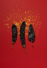 Dried Chilis and Seeds on Red background, Pasilla and Guajillo mexican spice flat lay
