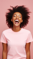 young girl in a T-shirt laughs merrily