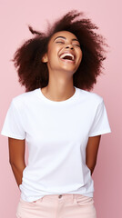 young girl in a T-shirt laughs merrily