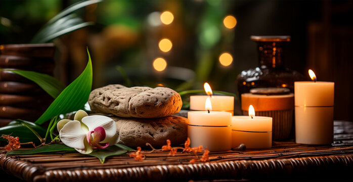 Wellness decoration, spa massage, oil on stone background. Zen, relaxation concept - AI generated image