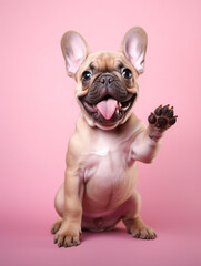 
small cute bulldog puppy on pink background