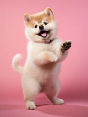small cute Akita puppy on pink background