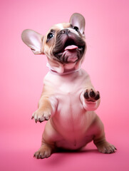 small cute bulldog puppy on pink background