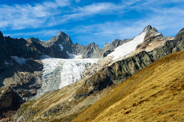 Pre De Bar Glacier and Mountains on Sunny Day. Italian Alps