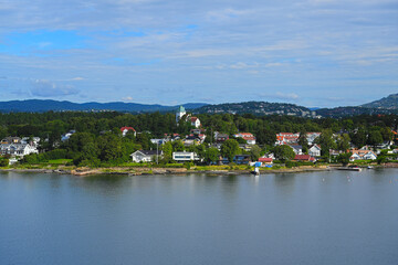 Fototapeta na wymiar View of the residential area and Villa Grande Bygdoy peninsula near the capital Oslo on the Oslo Fjord, Norway