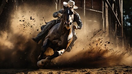 
Dramatic photorealistic rodeo scene with a bronc rider riding a bronc, movie poster style, flying dirt. Cowboy riding galloping horse, epic moment - obrazy, fototapety, plakaty