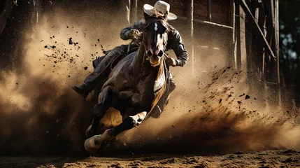 Muurstickers  Dramatic photorealistic rodeo scene with a bronc rider riding a bronc, movie poster style, flying dirt. Cowboy riding galloping horse, epic moment © Bettina