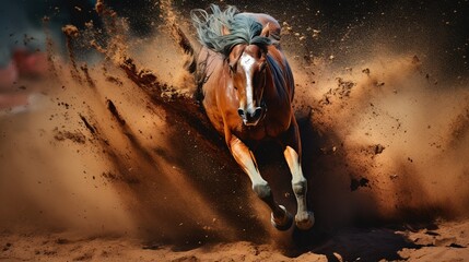A barrel racing horse skids around the corner throwing up dirt. Red horse galloping, epic moment, without human - obrazy, fototapety, plakaty