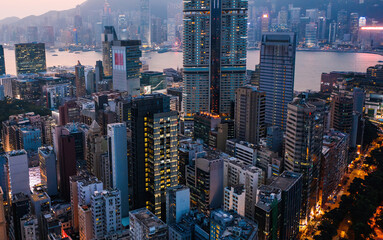 Aerial scenery panoramic view of Hong Kong modern skyscrapers district.
