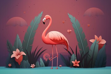 Illustration of a pink flamingo cartoon with animal character on a background. Generative AI