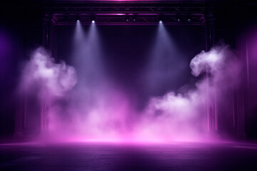 Bright empty stage illuminated by neon purple and blue lights and fog. Abstract minimalistic bright trendy podium background for product presentation - obrazy, fototapety, plakaty