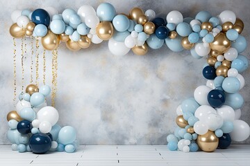 Fototapeta na wymiar Whimsical balloon garland decorates birthday party room, festive and fun atmosphere.