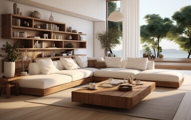 Living room interior design with wooden elements