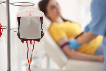 Blood pack for transfusion in clinic, closeup - obrazy, fototapety, plakaty