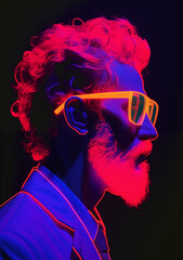profile of man in sunglasses, neon blacklight