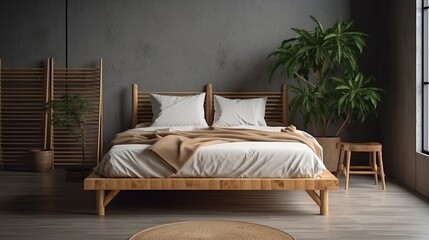 Wooden double bed. Wooden double bed with comfortable orthopaedic mattress, white sheet, cushions in eco interior design. Stylish modern empty room.