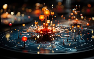 Elegant visualization of atomic structures with radiant golden spheres interconnected by vibrant strands, emphasizing the complexity and beauty of the microscopic universe.
