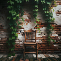 Photo of a wooden chair with a rich patina, standing in contrast to an old brick wall, with green leaves hanging down, intertwining with the bricks,