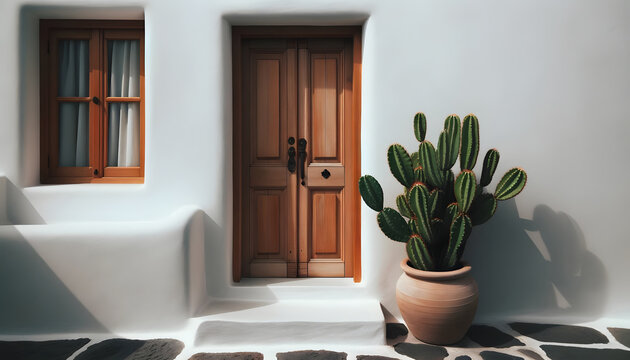  Photo of a closed wooden door belonging to a white house, with a green cactus in a clay pot placed beside the entrance