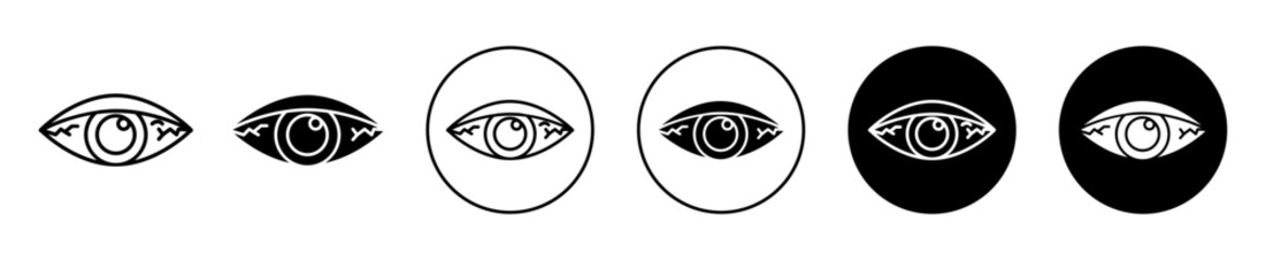 Red eye icon. tired or conjunctiva cornea inflammation due to irritation and allergy symbol set. Redness in eye ball cause pain line logo. Red or dry eye vector sign.