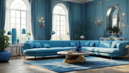 a living room filled with lots of blue furniture - Powered by Adobe