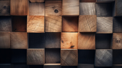 A rustic wooden wall constructed from interlocking blocks - obrazy, fototapety, plakaty