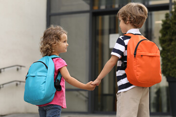 Brother and sister walking to kindergarten outdoors, back view