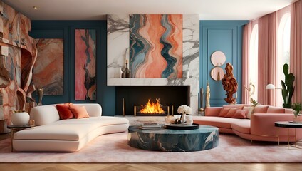 a living room filled with furniture and a fire place