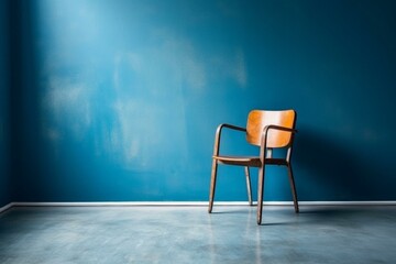 Bright room with chair against empty, dark blue wall. Generative AI