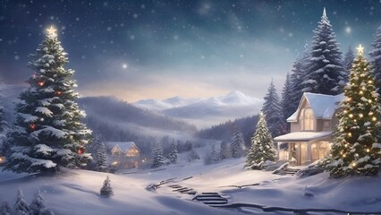A Serene Winter Wonderland with a Cozy Cottage and Majestic Evergreens, Christmas, Winter Holiday Season wallpaper wintery landscape of snow-covered evergreens