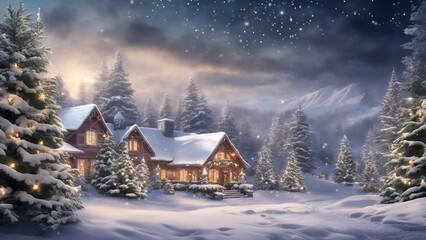 Christmas Cabin in Snowy Forest, Christmas, Winter Holiday Season wallpaper wintery landscape of snow-covered evergreens - obrazy, fototapety, plakaty