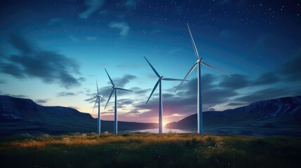 Three wind turbines at dusk against a starlit sky - obrazy, fototapety, plakaty