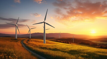 Obraz premium Wind turbines turning against a sunset