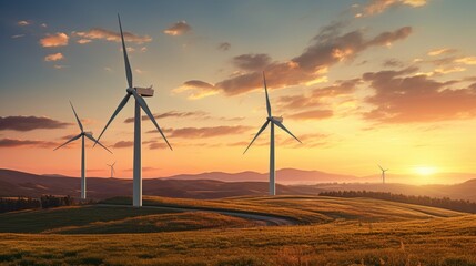 Obraz premium Wind turbines turning against a sunset