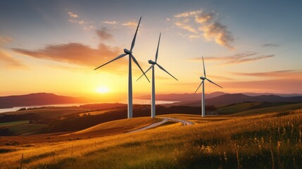 Obraz premium Wind turbines turning against a sunset