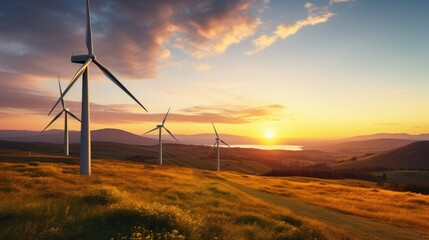Wind turbines turning against a sunset