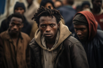 Facing Uncertainty: Portrait of a Young African Illegal Immigrant in Europe, Encircled by Unfocused Companions