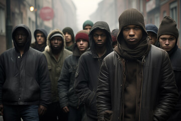 Fototapeta premium Diverse Struggles: Collective of Young Illegal Immigrants Representing Africa, Algeria, Morocco, and Eastern Europe, Cloaked in Dark Hooded Jackets in European Urban Settin