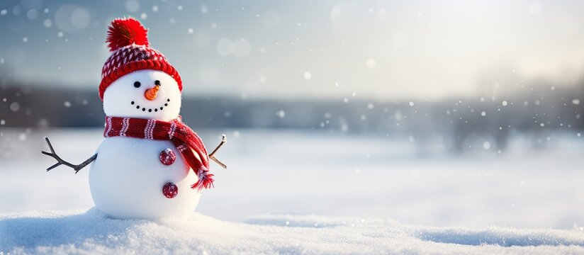 Snowman wearing Santa hat and scarf on snowy field with humor