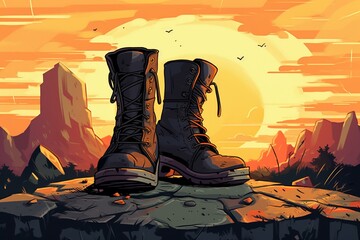 Illustration of abandoned trendy boots on rock during sunset at campsite. Generative AI