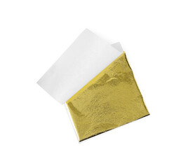 One edible gold leaf sheet isolated on white, top view
