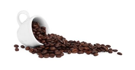 Coffee beans and overturned cup isolated on white