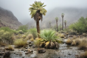 Rainy cloud nourishing verdant palm in arid wilderness. Generative AI