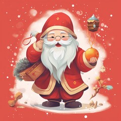Santa Claus holding a bag of gifts on a red background.