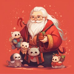 Santa Claus with his pets. Merry Christmas and Happy New Year!