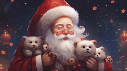 Santa Claus with his cute teddy bears. Christmas and New Year theme.