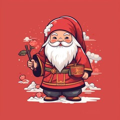 Santa Claus with a branch of a rose in his hands.