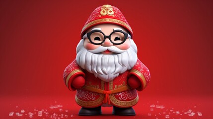 3d rendering of a chinese santa claus with red background
